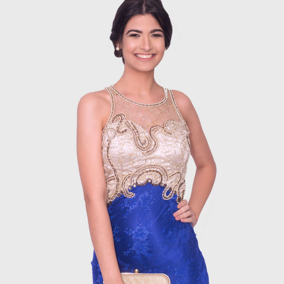 vestido de festa azul com dourado